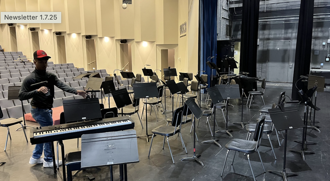 Empty orchestra stage with music stands and keyboard