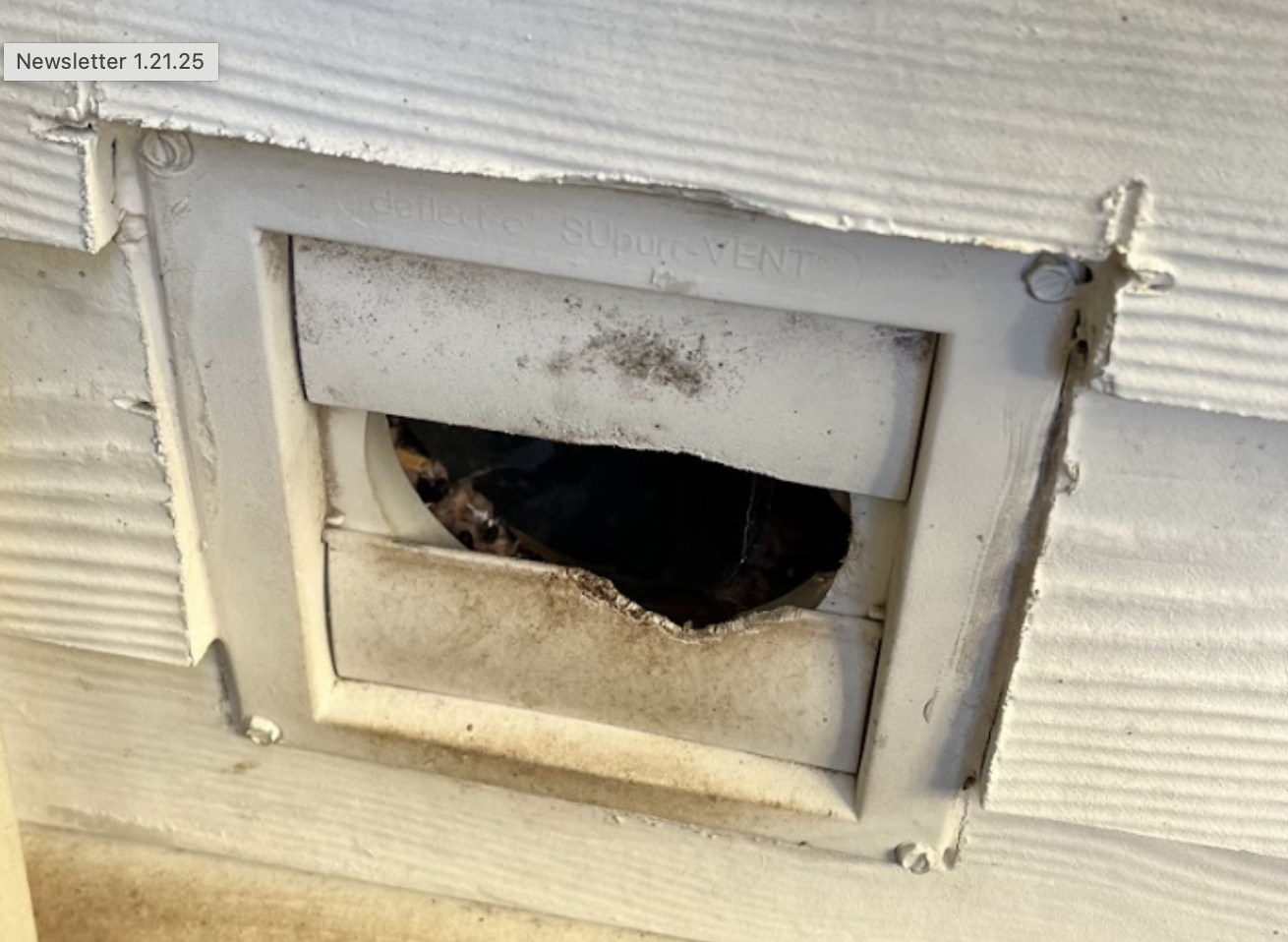 Broken vent with hole in siding