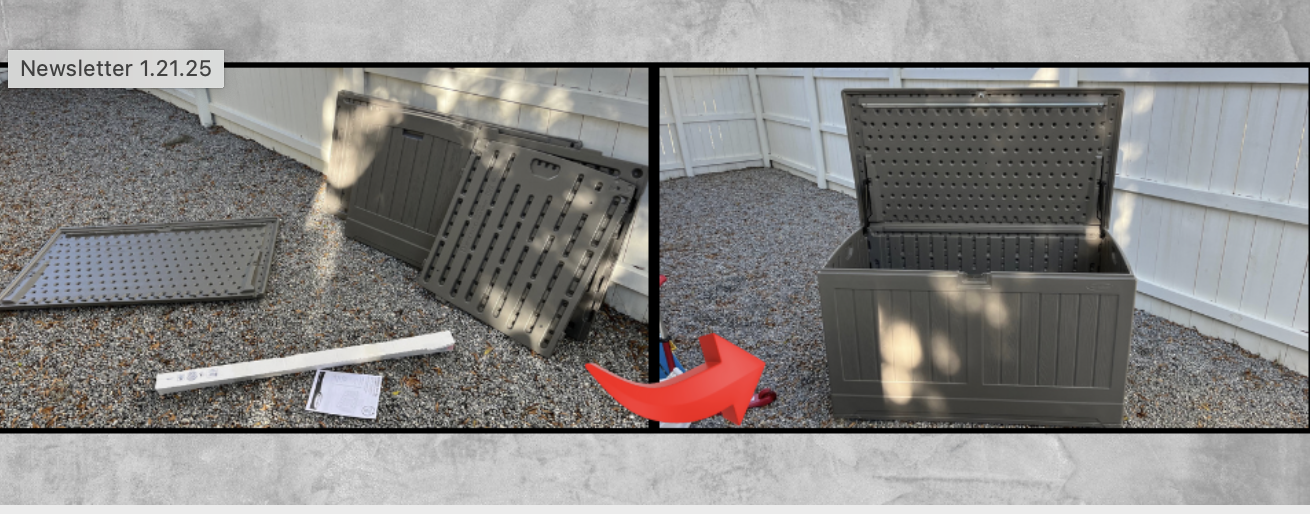 Assembly of outdoor storage box completed on gravel