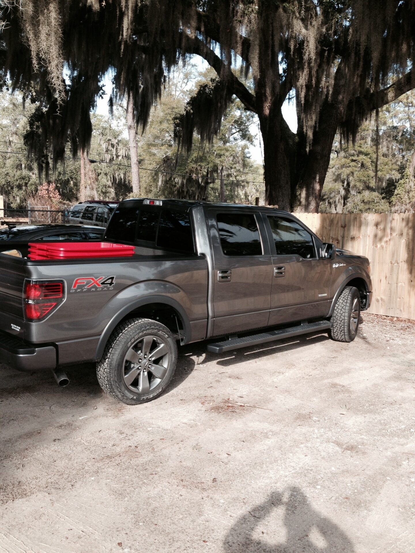 Gray pickup truck parked under tree.